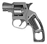 Рис.2 Револьвер РС-22 со снятыми накладками на рукоятку. Хорошо видна исходная форма и конструкция рамки, сквозные технологические отверстия в ней, резьбовое отверстие для винта крепления накладок